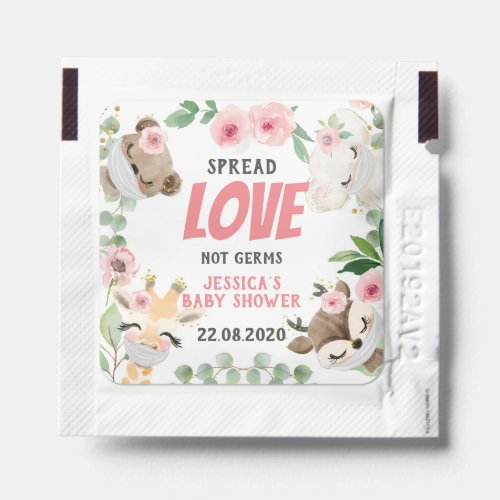 Cute Animals With Masks Pink Rose Baby Shower Hand Sanitizer Packet