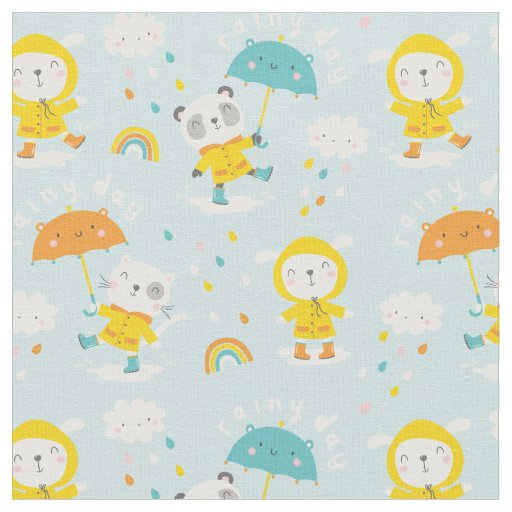 Cute Animals with umbrella's in the rain Fabric