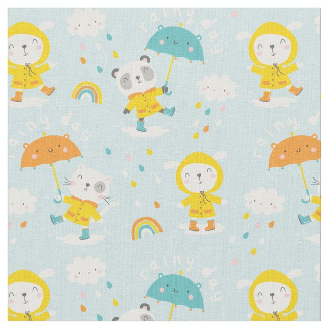 Cute Animals with umbrella's in the rain Fabric (Close Up)