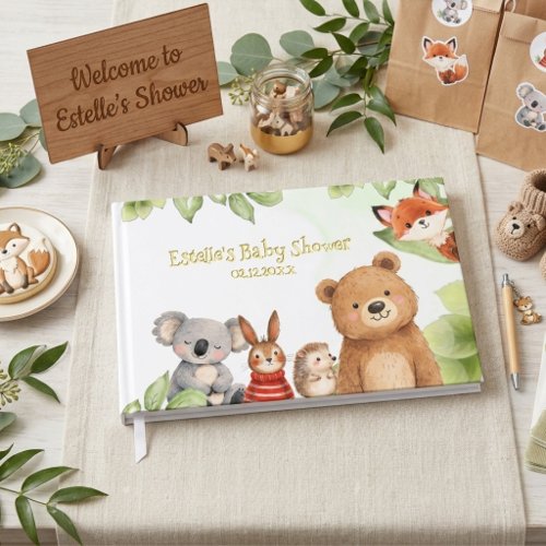 Cute Animals Woodland Greenery Baby Shower Foil Guest Book