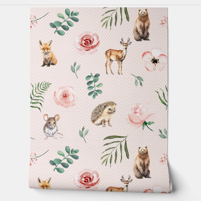 Cute animals woodland pink wallpaper  (Unrolling)