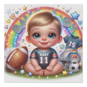 Cute Animated Baby Boy and Football Elements Faux Canvas Print