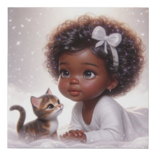 Cute Animated Baby Girl and a Kitten Faux Canvas Print