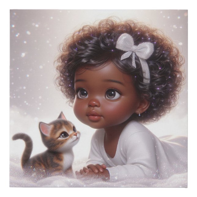 Cute Animated Baby Girl and a Kitten Faux Canvas Print (Front)
