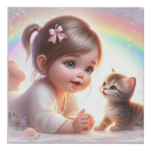 Cute Animated Baby Girl and a Kitten Faux Canvas Print