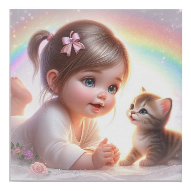 Cute Animated Baby Girl and a Kitten Faux Canvas Print (Front)
