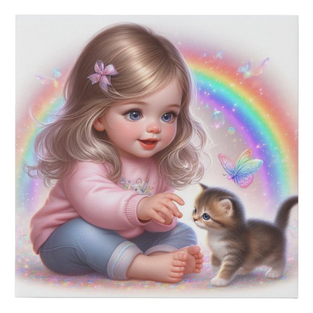 Cute Animated Baby Girl and kitten Faux Canvas Print (Front)