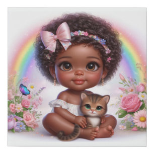 Cute Animated Baby Girl and kitten Faux Canvas Print