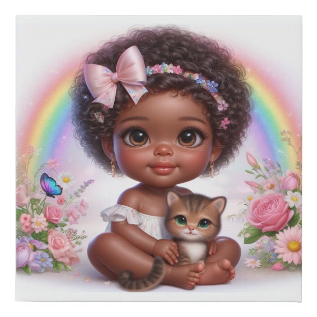 Cute Animated Baby Girl and kitten Faux Canvas Print (Front)