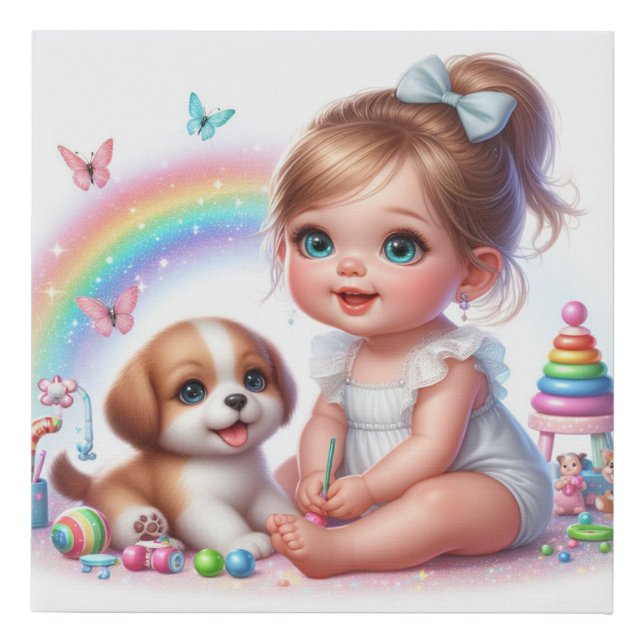 Cute Animated Baby Girl and Puppy Faux Canvas Print (Front)