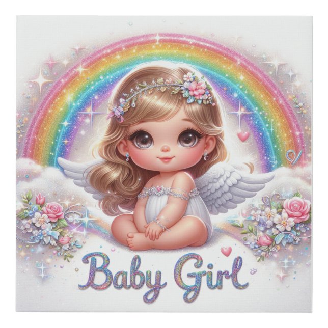Cute Animated Baby Girl Angel with Rainbow  Faux Canvas Print (Front)