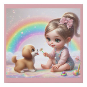 Cute Animated Baby Girl with a Puppy Faux Canvas Print