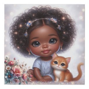 Cute Animated Baby Girl with Flowers and a Kitten Faux Canvas Print