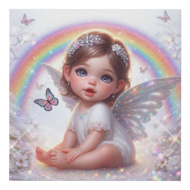 Cute Animated Baby Girl with Flowers and Rainbow Faux Canvas Print (Front)
