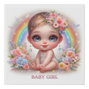 Cute Animated Baby Girl with Flowers and Rainbow Faux Canvas Print