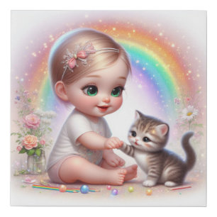 Cute Animated Baby Girl with Kitten Faux Canvas Print