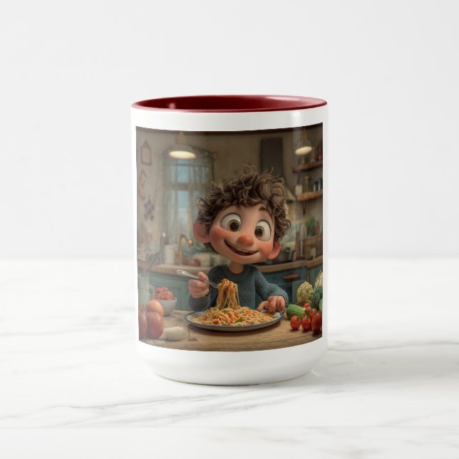 Cute Animated Boy Eating Spaghetti Pasta Coffee Mug (Center)
