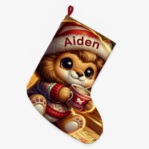 Cute Animated Christmas Lion Large Christmas Stocking