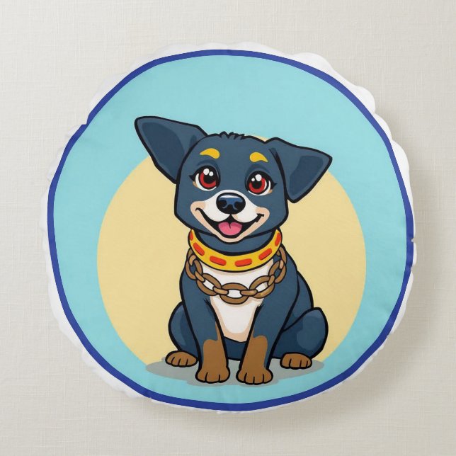 Cute Animated Dog with Collar Round Pillow (Front)