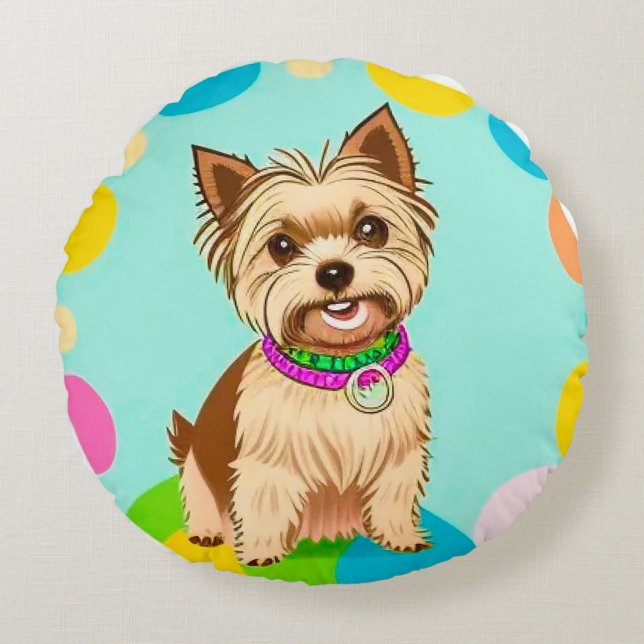 Cute Animated Dog with Collar Round Pillow (Front)