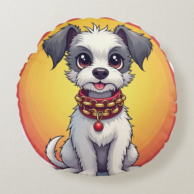 Cute Animated Dog with Collar Round Pillow (Front)