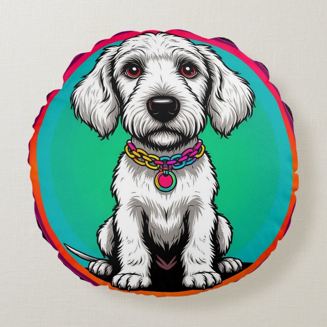 Cute Animated Dog with Collar Round Pillow (Front)