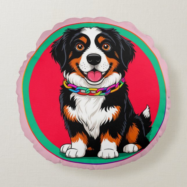 Cute Animated Dog with Collar Round Pillow (Front)