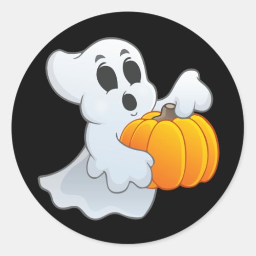 Cute animated Ghost with Pumpkin Classic Round Sticker