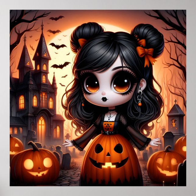 Cute Animated Girl, Haunted House and Pumpkins Poster (Front)