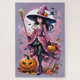 Cute Animated Halloween Witch, Jack-O-Lanterns Jigsaw Puzzle