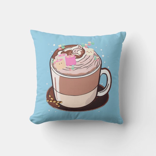 Cute Animated Hot Chocolate Marshmallows Cartoon Throw Pillow (Front)