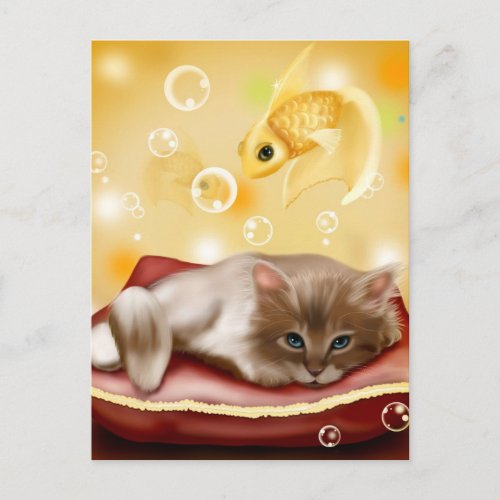 Cute animated kitten dreaming postcard