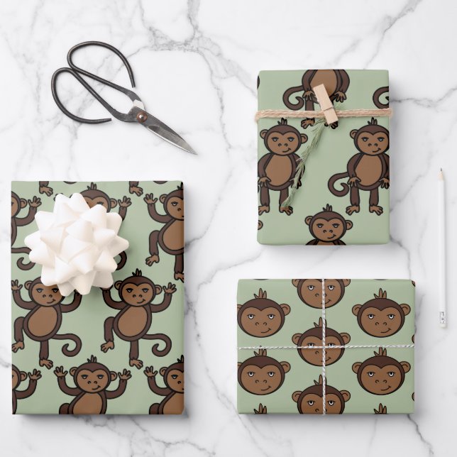 Cute Animated Monkey Designer Print Kids Wrapping Paper Sheets (Front)