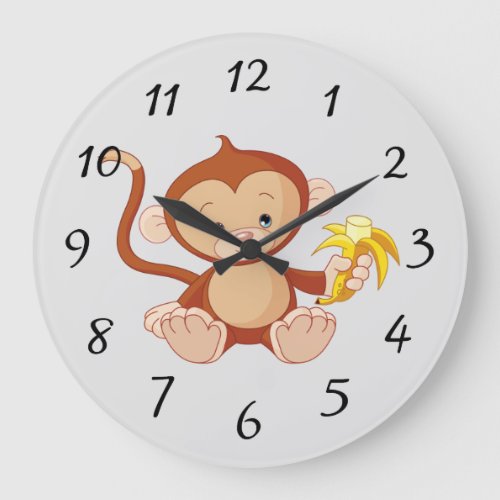 Cute animated monkey with banana large clock