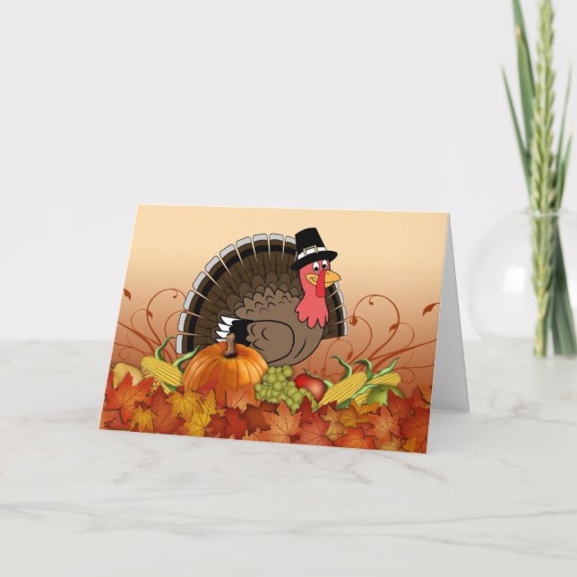Cute animated Thanksgiving Day turkey Holiday Card (Front)