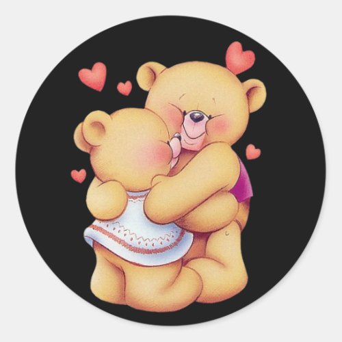 Cute Animated Valentines Day Hugging Teddy Bears Classic Round Sticker