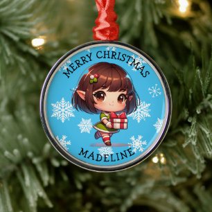 Cute Anime Asian Elf Personalized Christmas Metal Ornament
