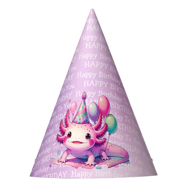 Cute Anime Axolotl Pink and Purple Girl's Birthday Party Hat (Front)