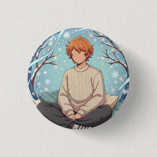 Cute Anime Boy Drinking Coffee in Winter Button