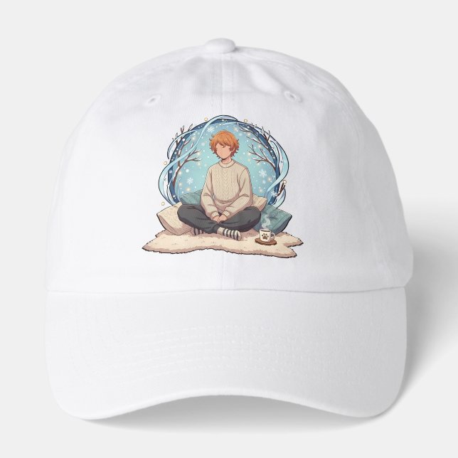 Cute Anime Boy Drinking Coffee in Winter Hat (Front)