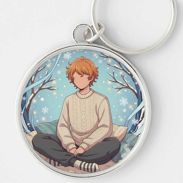 Cute Anime Boy Drinking Coffee in Winter Keychain (Front)