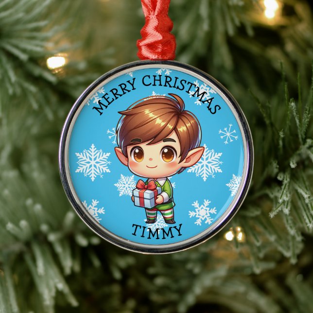 Cute Anime Boy Elf Personalized Christmas Metal Ornament (Tree)