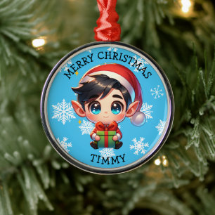Cute Anime Boy Elf Personalized Christmas Metal Ornament