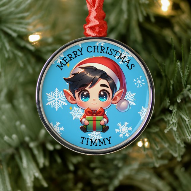 Cute Anime Boy Elf Personalized Christmas Metal Ornament (Tree)