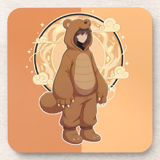 Cute Anime Boy in Bear Beverage Coaster (Front)