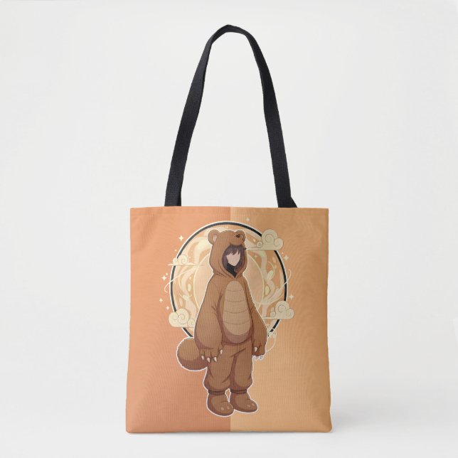 Cute Anime Boy in Bear Tote Bag (Front)