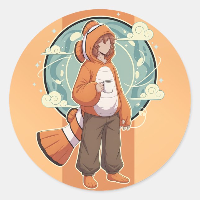 Cute Anime Boy in Clownfish Costume drinking Coffe Classic Round Sticker (Front)
