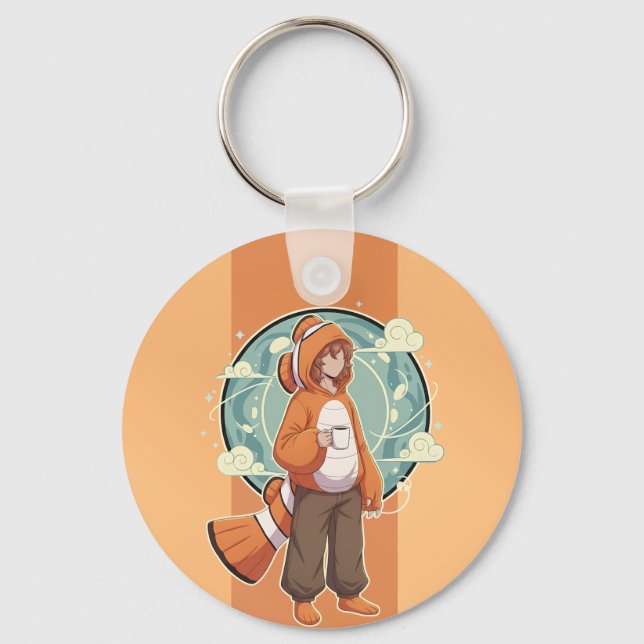 Cute Anime Boy in Clownfish Costume drinking Coffe Keychain (Front)