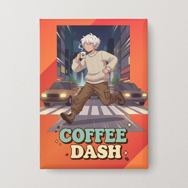 Cute Anime Boy Running in the City with Coffee Button (Front)