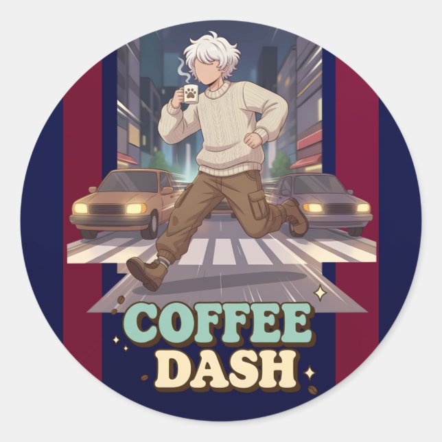 Cute Anime Boy Running in the City with Coffee Classic Round Sticker (Front)